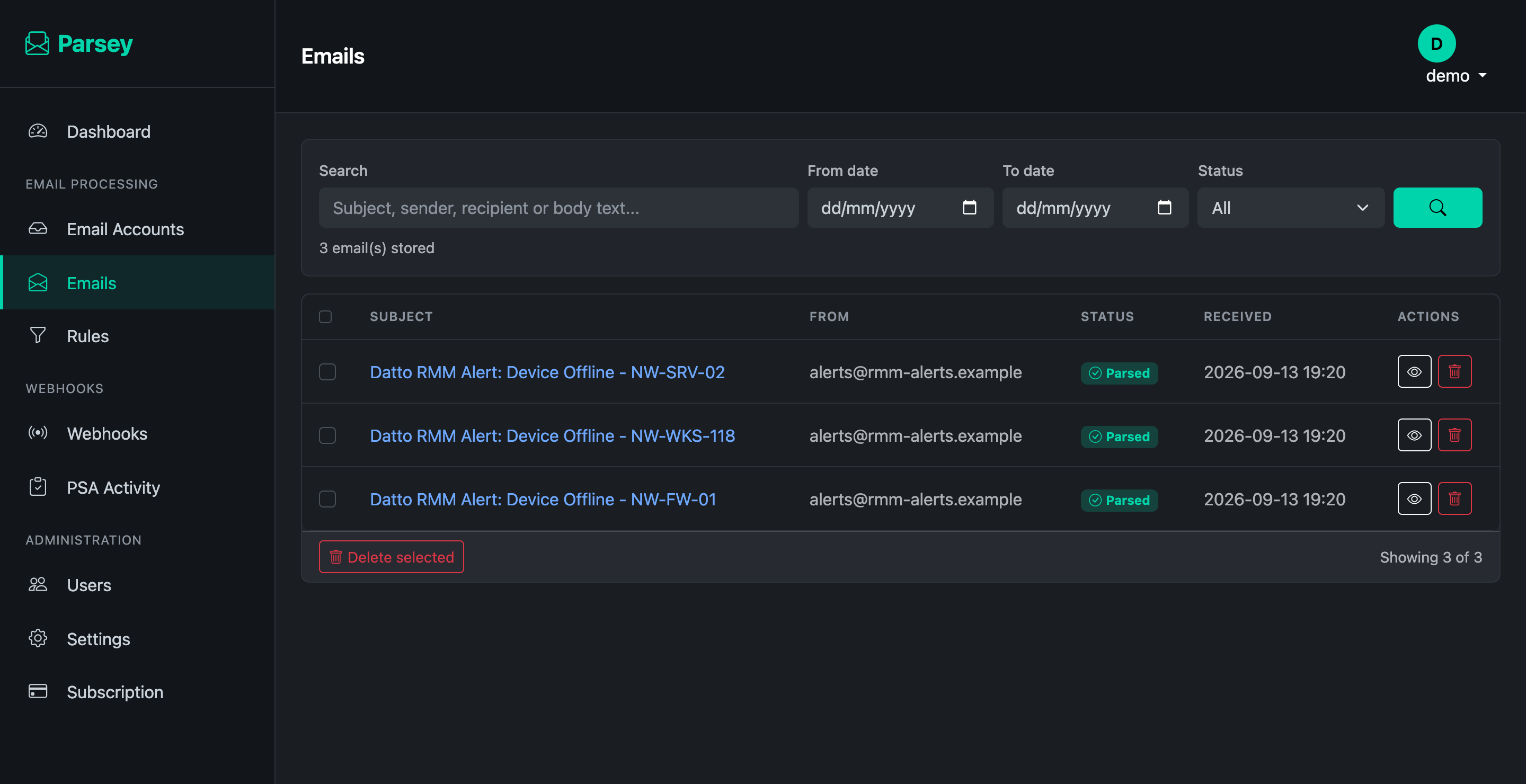 Parsey's email list showing three parsed Datto RMM alerts, each marked parsed, with search and date filters.